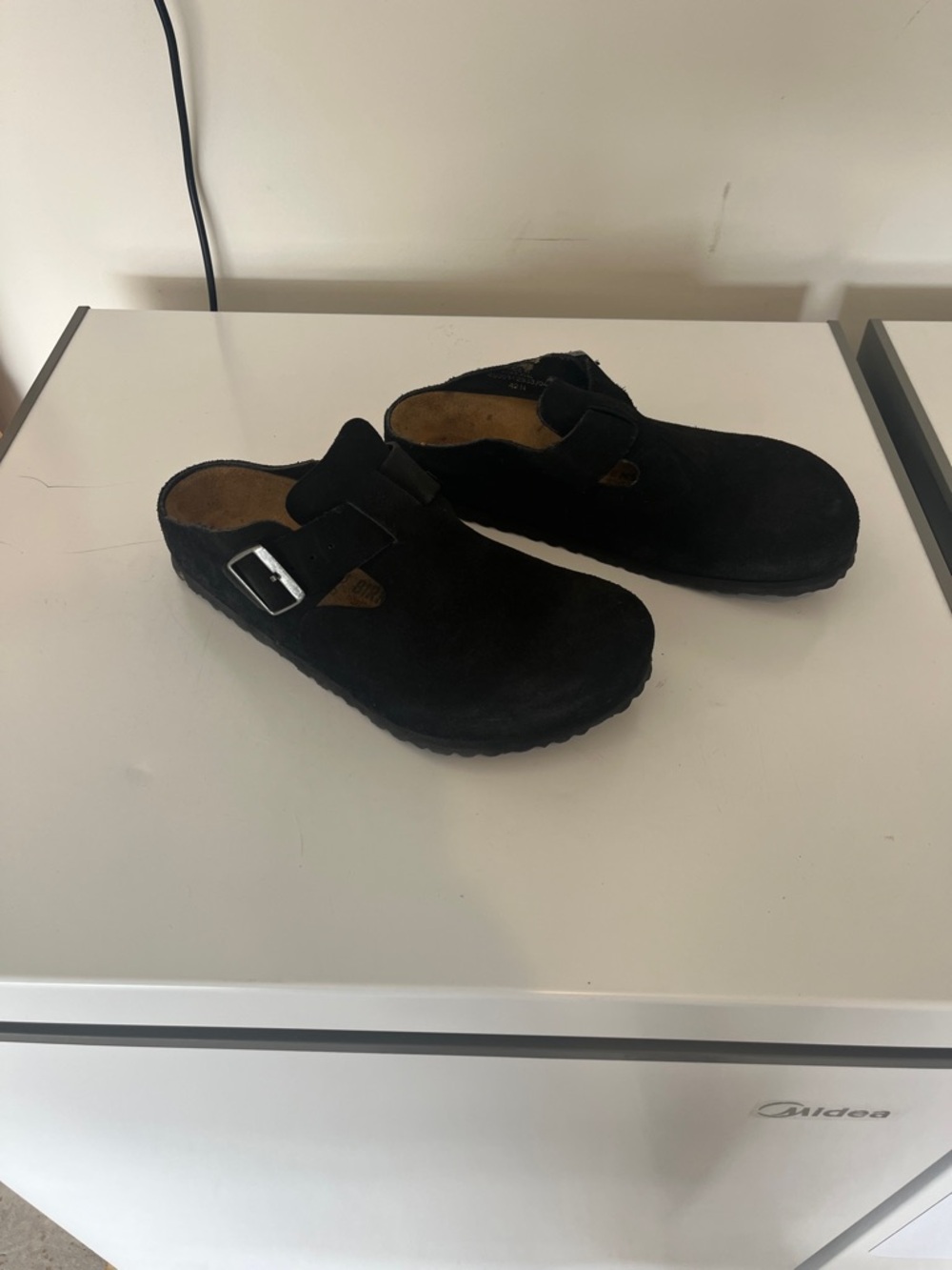 Women’s Black Suede Slip-On Clogs with Buckle
